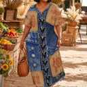 SUZONANA Plus Size Denim Print Maxi Dresses for Women Casual V Neck Short Sleeve with Pockets Soft Jean Look Dress XL (Blue)