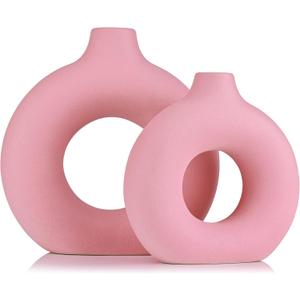 Pink Vase Decor Donut Vase Set of 2 - Circle Hollow Vases, Modern Matte Ceramic Vases for Entryway Living Room Bedroom Dining Table Centerpiece Office Home Decor