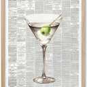 EcoHest Trendy Newspaper Martini Framed Wall Art, 12x16 in OAK Wood Retro Bar Cart Canvas Art, Magazine Aesthetic Apartment Art, Beige Logs Funky 70's Set of 1 for Bedroom Living Room