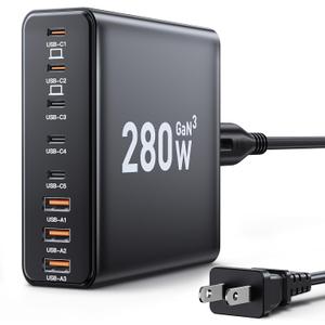 280W USB C Charger Block, 8-Port USB C Charging Station GaN III PD 65W Laptop Charger Adapter Compatible with MacBookPro/Air,DELL,iPad,Portable Charging Station for iPhone,Samsung Galaxy (Black)