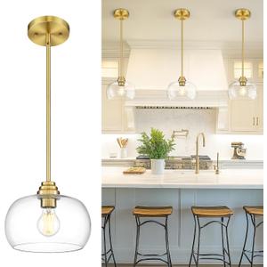 AUTELO Gold Pendant Lights, 1-Light Pendant Lights Kitchen Island in Brushed Gold Finish with Clear Glass, Vintage Pendant Light Fixtures, Gold Hanging Lights for Kitchen Island H9385 BG-R