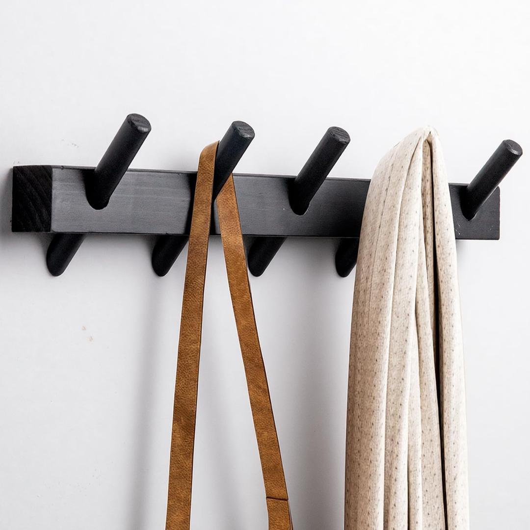 Solid Wooden Coat Rack Wall Mount,Removable Wood Wall Hooks for Hanging,Installation in Entrances Bathrooms and Utility Rooms for Storage(Black, 5 Hooks)