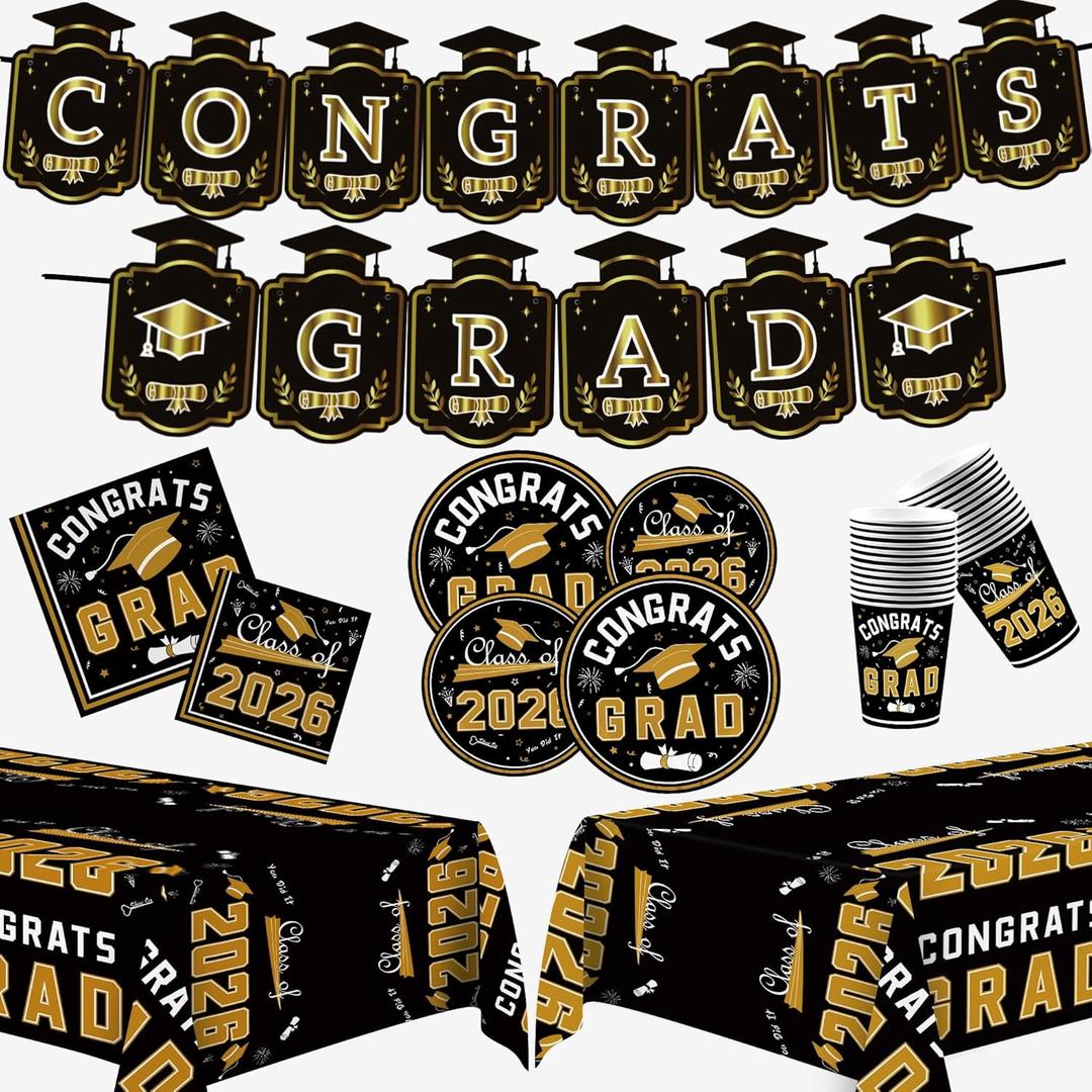 2 x OHOME Graduation Decorations 2026 - Graduation Decorations Class of 2026 - Serve 24 - Black Plates Tablecloth Napkins Cups Banner - Graduation Party Favors Supplies