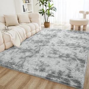 Litanika 3x5 Shag Area Rug for Living Room Bedroom, Tie-Dyed Light Grey High Pile Soft Plush Shaggy Furry Bedside Playroom Dorm Carpet, Non-Slip, Non-Shedding Modern Indoor Floor Rug