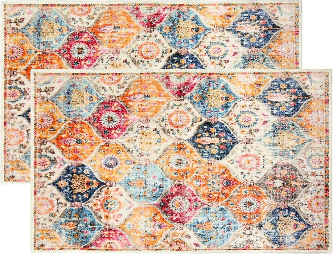 2 Pcs Washable Indoor Doormat 18" x 30" Non Slip Retro Floor Mat Area Rug Absorbent Entrance Rug Distressed, Accent Throw Rug for Bedroom Kitchen Entryway Bathroom(Cream)
