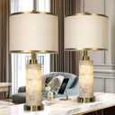 Natural Alabaster Nightstand Lamp Set of 2 with Night Light USB Ports Table Lamp with Linen Shade Bedside Lamp for Living Room Bedroom Home Office Hotel Bar House (Golden Colored-1)