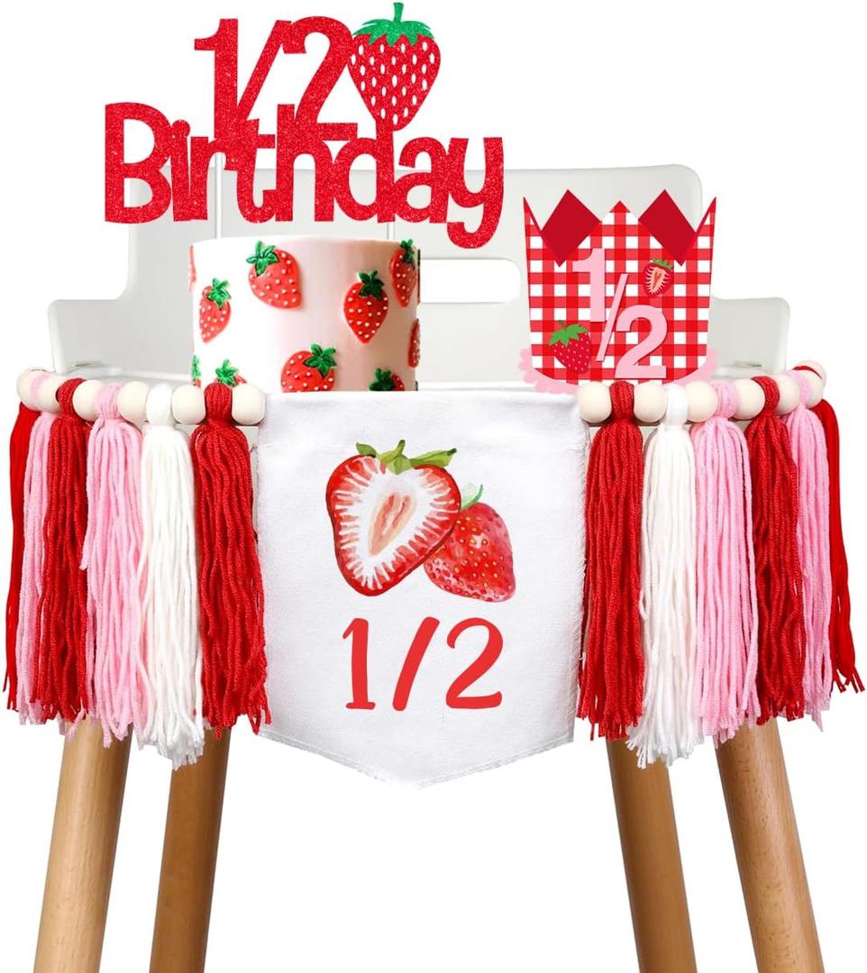 Strawberry Half Birthday Decorations Strawberry 1/2 Birthday Strawberry Hat Strawberry Half Birthday High Chair Banner Its My 1/2 Birthday Cake Topper for Girls Berry Sweet Birthday Decor Supplies