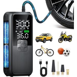 Tire Inflator Portable Air Compressor, T05 Air Pump for Car, Motorcycle, Bike, Balls with Tires Pressure Gauge, 150PSI Air Compressor Portable, Tires Pump with LED Light & Auto Shut-Off