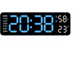Lancoon Digital Wall Clock with Dual Alarm Temperature Humidity Calendar LED Large Display Adjustable Brightness Plug-in Snooze for Living Room Tabletop Bedroom (Black_blue)