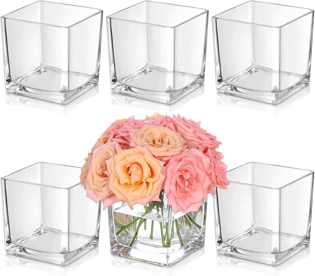 KEYWING 6 Pack Square Glass Vase 4" x 4" x 4", Clear Flower Vases for Centerpieces, Square Glass Cube Vase Candle Holder for Wedding, Party, Home Office Decoration