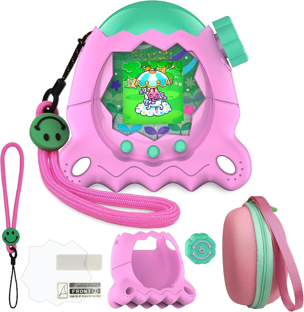 JCHPINE Hard Case and Silicone Cover for Tamagotchi Paradise Electronic Pet, Protective Cases for Tamagotchi Paradise with Screen Protector and Lanyard (Pink)