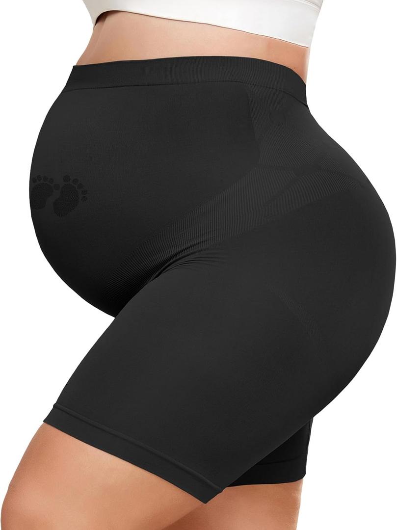 Maternity Shapewear for Under Dresses Over Belly Pregnancy Underwear Mid-Thigh High Waist Shorts Panties for Baby Shower (Black, L)