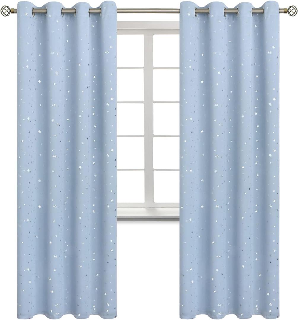 BGment Star Room Darkening Curtains for Kids Bedroom - Grommet Thermal Insulated Silver Star Print Kids Curtains for Living Room, Set of 2 Panels, Baby Blue, 52 x 84 Inch