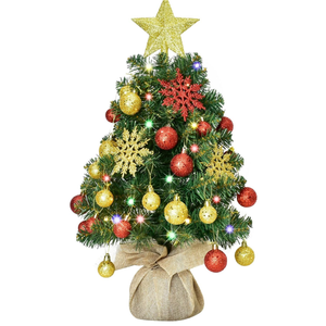 HOYECHI 24" Mini Christmas Tree - Small Christmas Tree Tabletop Christmas Tree Artificial Xmas Tree with Lights, Star Treetop, Ornaments Balls, DIY Christmas Decorations - Green & Gold