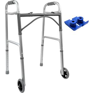Foldable Lightweight Two Button Walker with 5 Wheels, Includes Ski Glides - Folding Design Ideal for Seniors and Elderly Adults - Adjustable for Tall Men and Women - Standing Handicap Mobility Aids