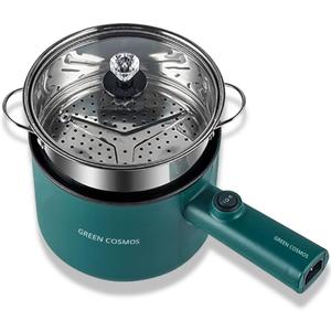 Green Hot Pot Electric with Steamer, Multi-function Cooker, 1.8L Noodle cooker Non-Stick Frying Pan, Electric Pot for Pasta with Adjustable Temprature Control, Over-Heating & Boil Dry Protection