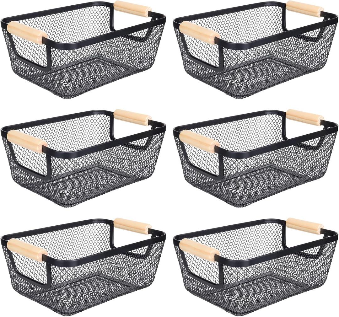6Pack Black Wire Basket with Wooden Handle, Storage Bins for Pantry, Metal Mesh Basket for Kitchen Organization, Snack Organizer for Home Cabinet Closet Bathroom Fridge Fruit Makeup and Office (Small)
