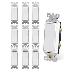 AIDA Light Switch Single Pole Light Switch Square Rocker Switch Decora Switches White, 15 Amp Self-grounding Electrical Light Switches, Residential Grade, UL Listed (10 Pack, Glossy White)