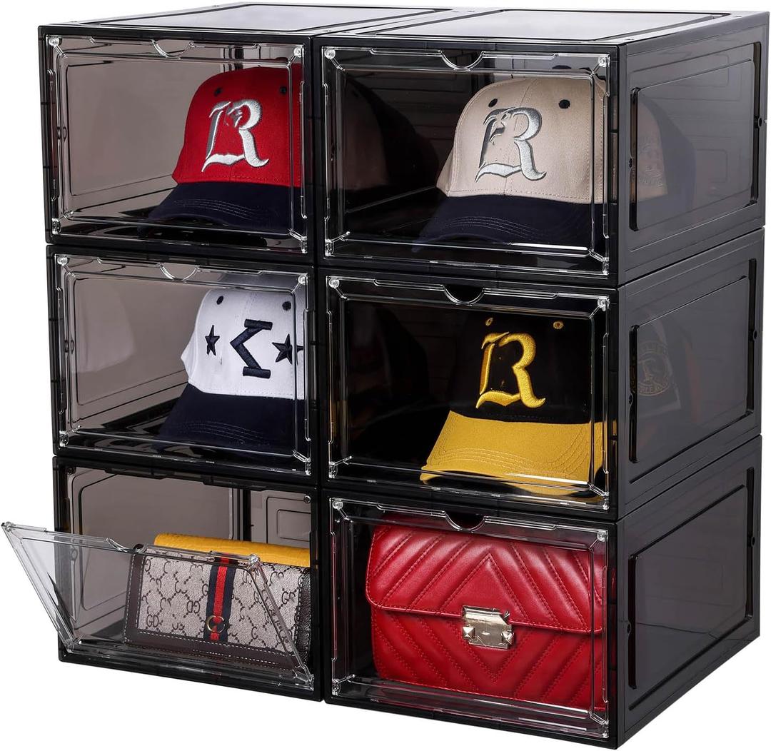 Attelite Hat Organizer for Baseball Caps, set of 6, Stackable Hat Storage Box With Transparent Magnetic Door, Hat Rack, Easy to Assemble Stylish Display(Clear Black)