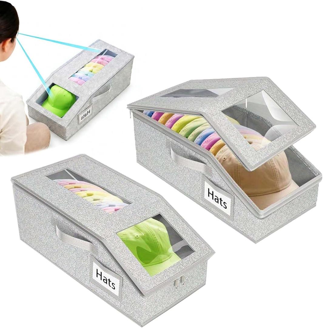 2 PCS Stackable Hat Storage Boxes for Baseball Caps, Holds up to 30 Caps, Durable Hard Plastic & Reinforced Cardboard, Smooth Zipper, Easy Assembly, with Clear Windows