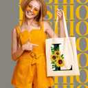 AUSVKAI Canvas Tote Bag Aesthetic for Women, Cute Sunflower Initial Trendy Monogram Personalized Initial Birthday Reusable Cloth Cotton Bags with Handle for Grocery College Shopping Beach