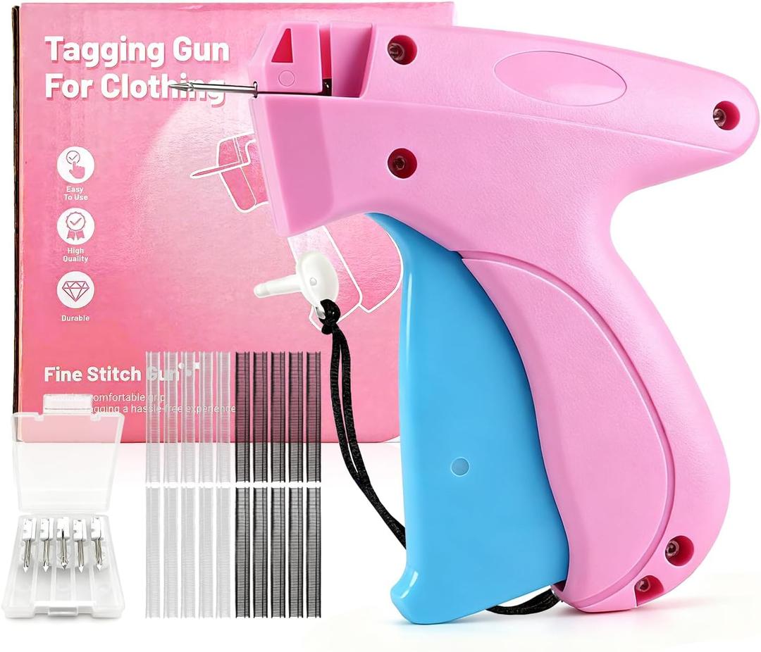 Handheld Stitch Tag Gun for Clothes, Quick Clothing Fixer, Tagging, Sewing Kit Includes 6 Needle, 1000 Black Fasteners & 1000 White Fasteners, Pink Blue