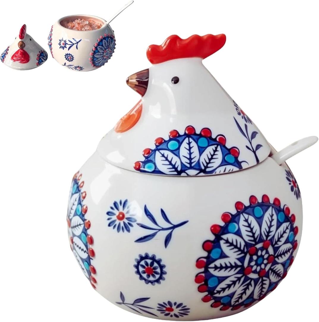 Ceramic Salt Cellar with Lid and Spoon | 13.5OZ Large Chicken Salt Container | Salt Cellar for Countertop | Salt Holder Jar for Counter Cookie Sugar Spices Candies Home Chicken Decor Rooster (Blue)