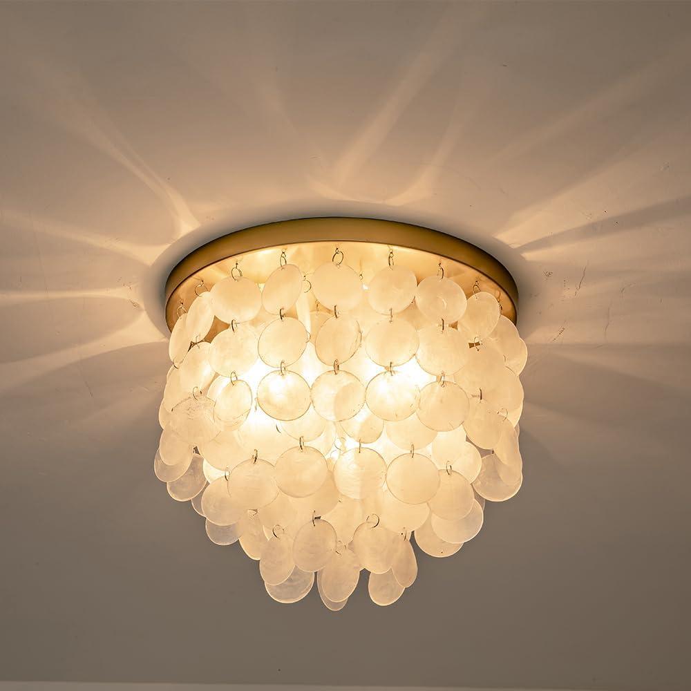 3-Lights Capiz Shell Ceiling Light Fixtures, Gold Boho Flush Mount Ceiling Light for Living Room, Bedroom, Kitchen Island, Foyer, Entryway, Seashell Coastal