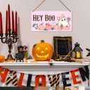 Halloween Wood Door Sign, Pink Halloween Ghost Decor for Home Porch Patio Front Door Hey Boo Wall Hanging Sign Decorations