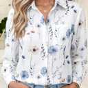 Wrinkle-Resistant Women's Button Down Shirts 2026 Spring Business Floral Prints Long Sleeve Casual Tops with Pockets, S