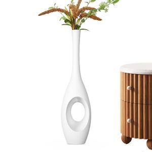 Rocendlor 23.6" White Tall Floor Vase – Donut-Shaped Oval Body with Slim 3cm Neck, Modern Tall Decorative Vases for Living Room, Entryway, Office Decor – Resin Floor Vase