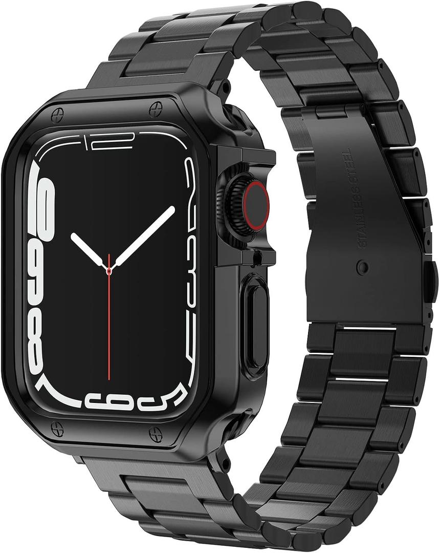 Compatible with Apple Watch Band and Case, Stainless Steel Metal Chain with TPU Cover, Smart-Watch Link Bracelet Strap, Wrist-Band for i-Watch Series 9 8 7 6 5 4 3 2 1 SE, 41mm 40mm 38mm, Black
