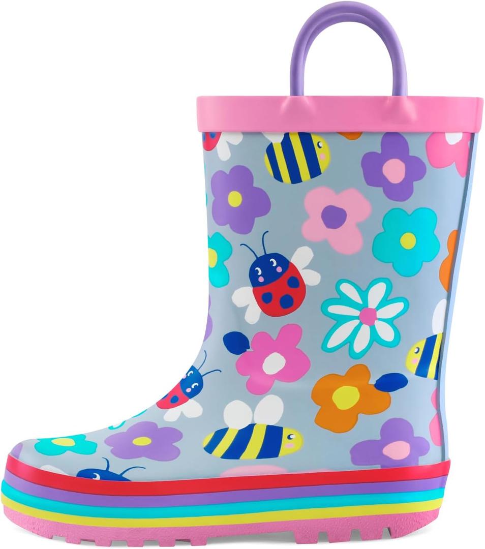 mysoft Kids Rain Boots for Girls Boys Toddler Waterproof Rubber Cute Printed with Easy-On Handles (11 Little Kid, Colorful Flower)