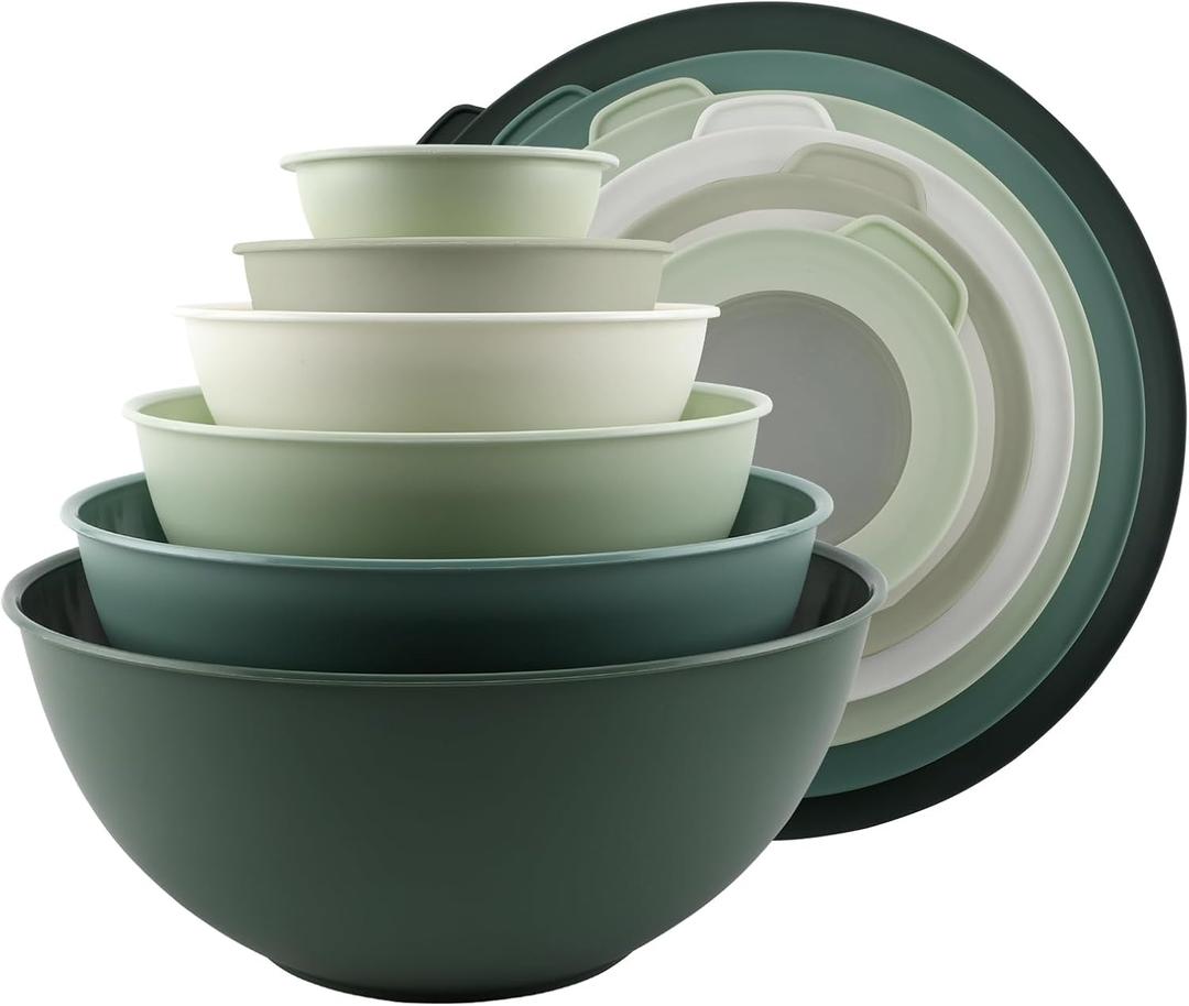 COOK WITH COLOR Mixing Bowls with TPR Lids - 12 Piece Plastic Nesting Bowls Set includes 6 Prep Bowls and 6 Lids - Microwave Safe (Sage)