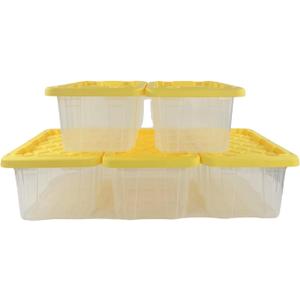 Edge Plastics 5 Gallon Tough Tote, Clear Base with Yellow Lid, 5-Pack