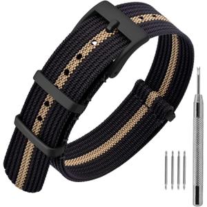 ANNEFIT Nylon Watch Band 16mm 18mm 20mm 22mm, One-Piece Waterproof Military Watch Straps with Heavy Buckle (Black+Khaki/Black Buckle)