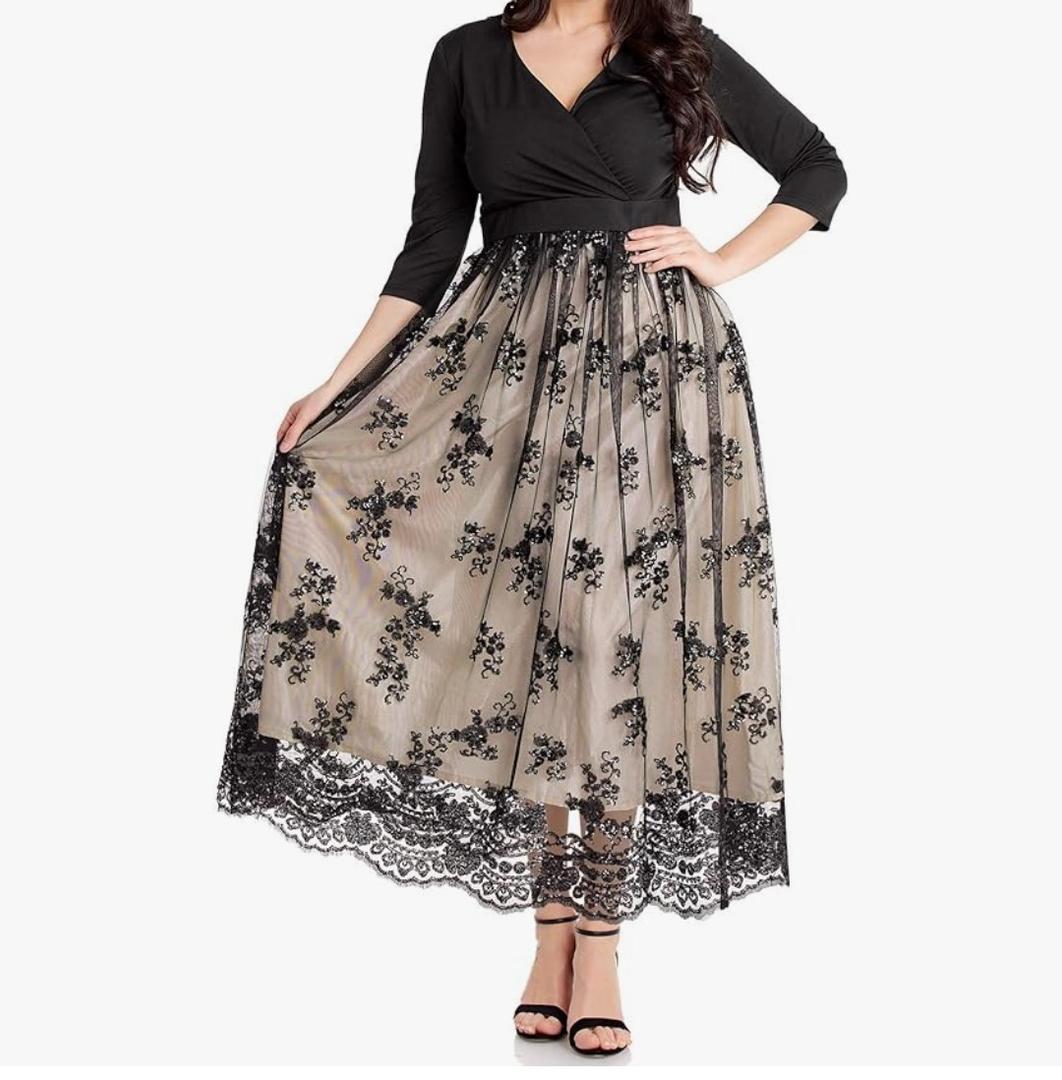 GRAPENT Women's Plus Size Sequin 3/4 Sleeves Evening Gown Party Long Maxi Dress XL