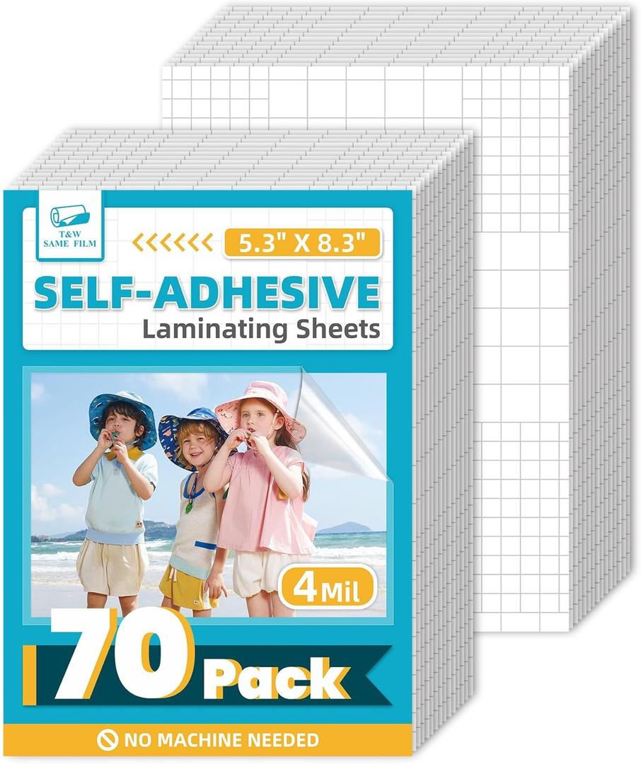 T&W SAME FILM 70 Pack Self Adhesive Laminating Sheets, 4mil, 5.8 x 8.3 Inch Laminator Sheets, Self Sealing Laminating Sheets for Laminator, Round Corner, No Heat, No Machine Needed (A5)
