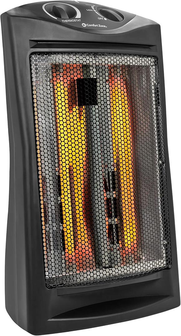 Comfort Zone Indoor Tower Space Heater, Adjustable Thermostat, Radiant Heat, Electric, Infrared Quartz, 2 Heat Settings, Overheat Protection, Ideal for Home, Bedroom, & Office, 1,500W, CZQTV007BK