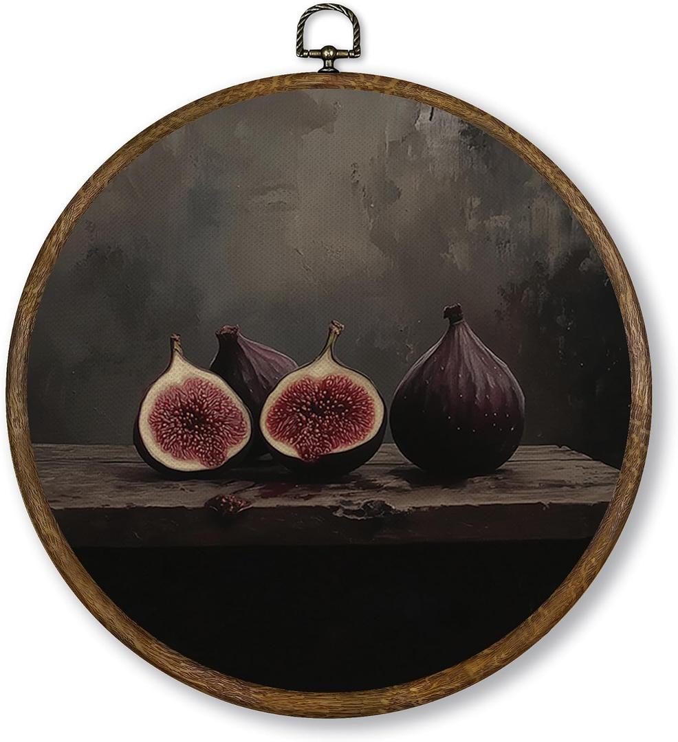 Qskjre Vintage Figs Wall Art Decor, Dark Moody Fruit Round Wood Framed Canvas Wall Art, Rustic Farmhouse Country Hanging Prints for Kitchen Dining Room Decorations 10x10inch
