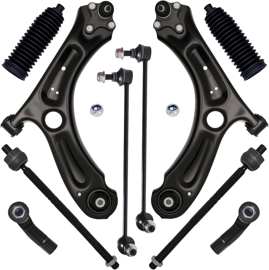 AUQDD 10Pcs Front End Suspension Kit Fit For 2011-2018 Volk-swagen Jetta w/4-Door Sedan, 2 Lower Control Arm w/Ball Joint 2 Sway Bar Link 4 Outer Inner Tie Rod End (# K621949 K80478 EV80665 ES80666)