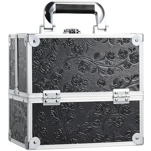 FRENESSA Makeup Train Case Cosmetic Box Portable Makeup Case Organizer 4 Trays Travel Case Storage with Dividers Lockable for Make up Artist Crafter Nail Kits Tools Black Floral