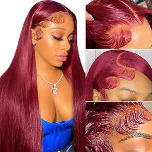 99j Burgundy Lace Front Wigs Human Hair 30Inch 13x6 Lace Front Wigs Human Hair Straight Red 180% Density HD Lace Front Human Hair Pre Plucked Pre Cut Glueless Wigs Colored For Women