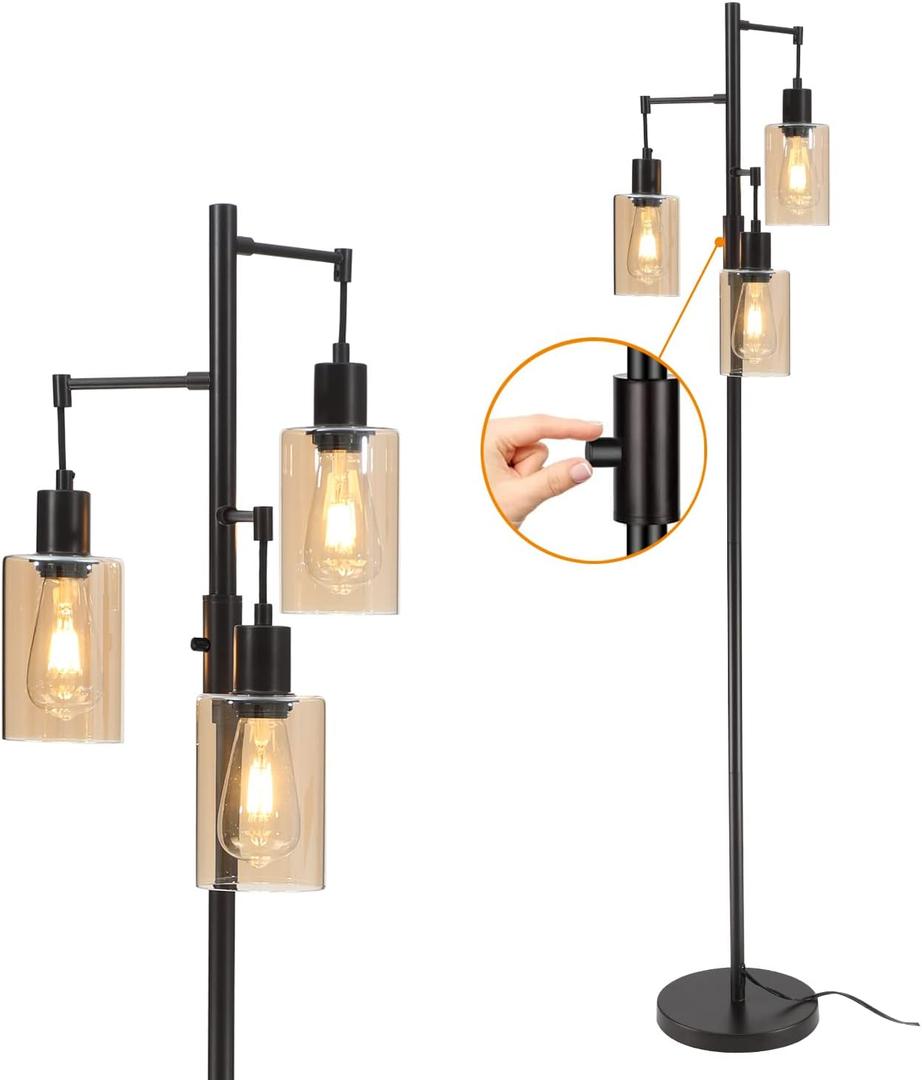 Liylan Farmhouse Floor Lamp, Dimmable Floor Lamp for Living Room, Rustic 3 Lights Oil Rubbed Bronze Tree Standing lamp, Vintage Tall Pole Lamp with Amber Glass Shade