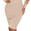 Annystore Women's Mock Neck Sheer Sleeve Ribbed Bodycon Midi Dress (Beige, XL)