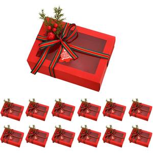 TIMBLESSING 12 Pack Christmas Gift Boxes with Clear Window, Red Christmas Gift Boxes with Ribbon, Pine Sprigs & Berry Decorations for Holiday Wrapping, 8.7x5.9x2.8 Inch (RED)