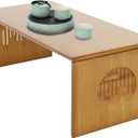 Folding Floor Table Bamboo Adjustable Low Coffee Table with Landscape Carving, Versatile Tatami Foldable Table No Assembly for Sitting on The Floor Used in Living Room Office 31.5inch