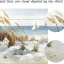 Beach Framed Wooden Wall Art: Coastal Oil Painting Style 40"x20" Ocean Pictures Seascape Art Prints Sand Dunes & Sailboat Artwork for Office