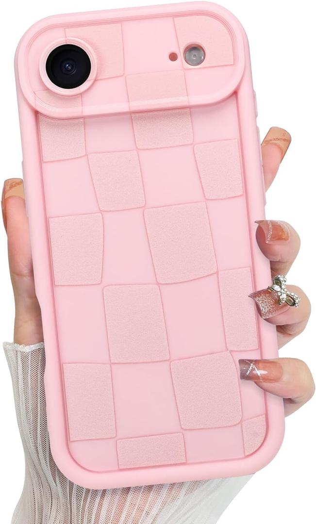 KANGHAR Compatible with iPhone 17 Pro Max Case 2025, Silicone Checkered Cute Pattern, Camera Protection Soft Slim Shockproof Edge Phone Cover for Girls Women -Pink