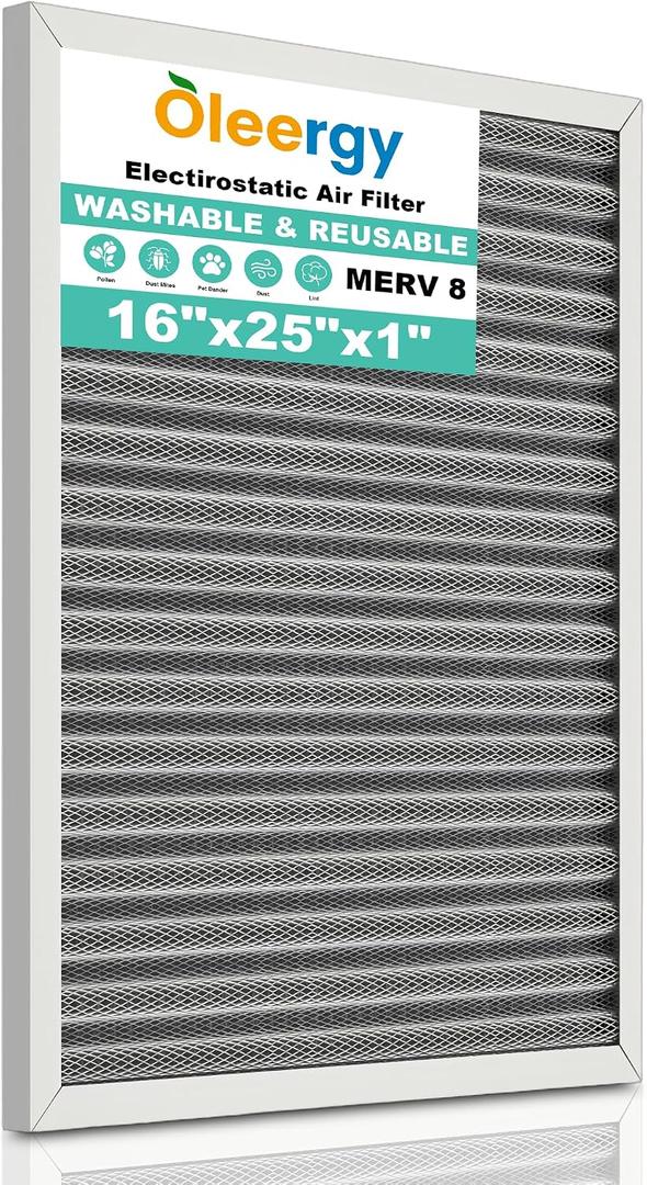 16X25x1 HVAC Furnace Air Filter, Lasts a Lifetime, Washable Reusable Electrostatic Air Filter, MERV 8, Breathe Fresher, Home And Office (Actual Size:15.5x24.5x0.82 Inch)